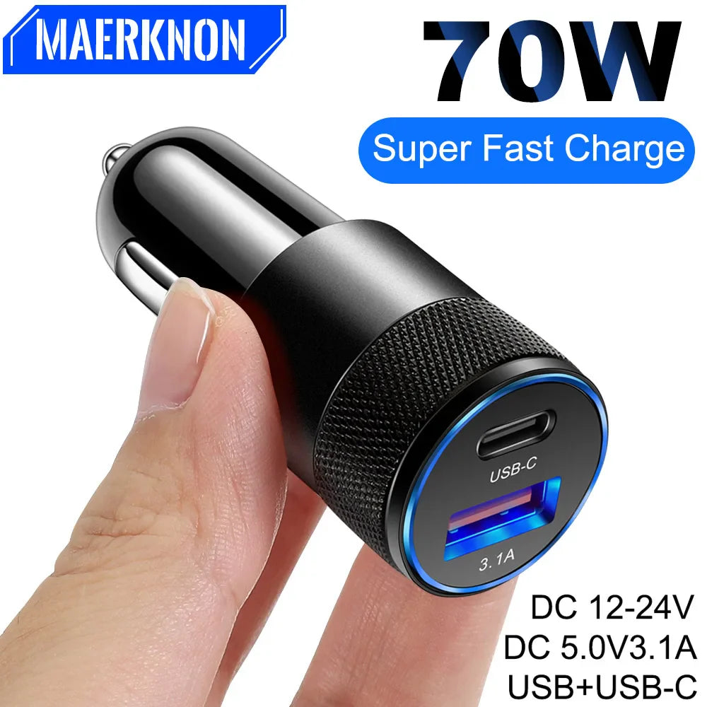 70W PD Car Charger USB Type C Fast Charging